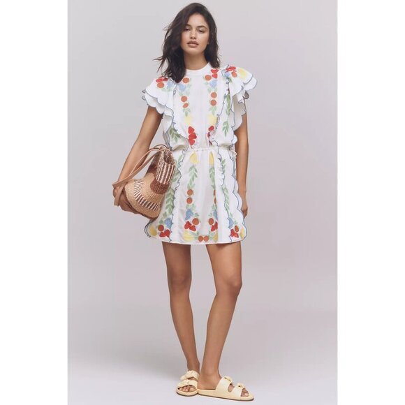 FARM RIO x Anthropologie Embroidered Ruffle Mini Dress in At The Table Small NWT - Picture 14 of 14